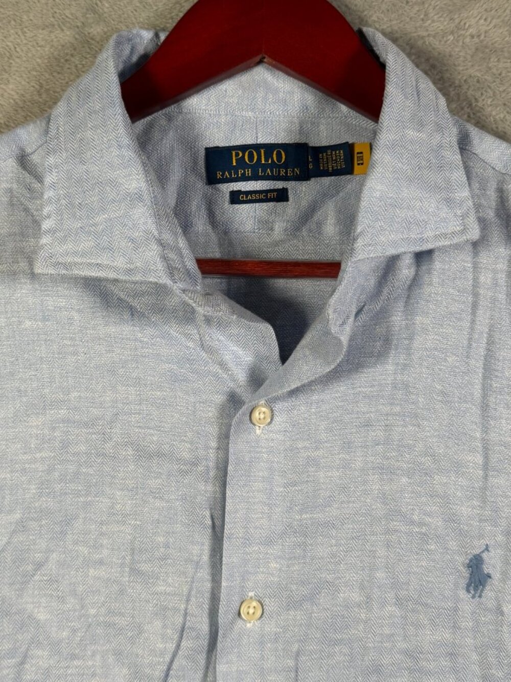 Polo Ralph Lauren Button Down Shirt Mens L Blue Linen Herringbone Woven Sport